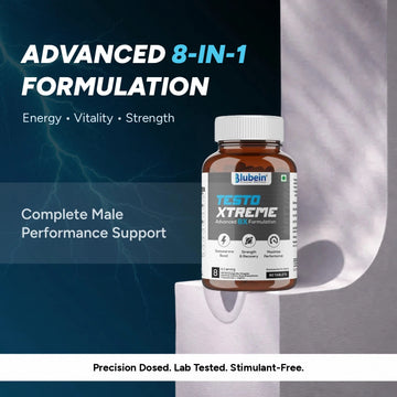 Blubein Testo Xtreme bottle on a dark background, an 8-in-1 daily formula, precision dosed, lab-tested and stimulant-free