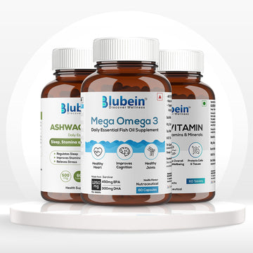 Blubein Total Wellness Trio: Ashwagandha, Mega Omega 3 and Multivitamin bottles on a white podium