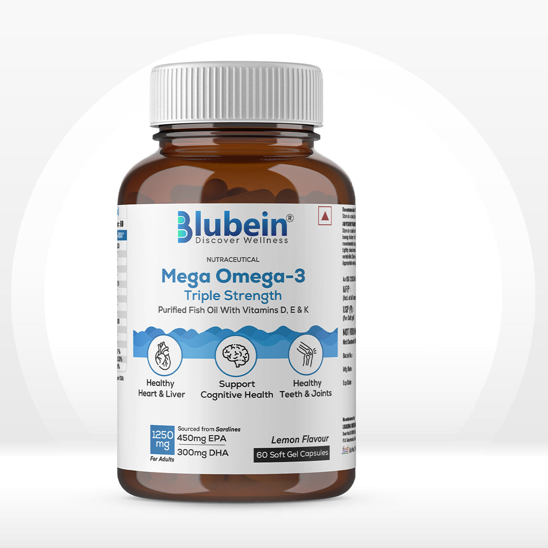 Blubein Mega Omega-3 fish oil, lemon flavour, 60 soft gel capsules