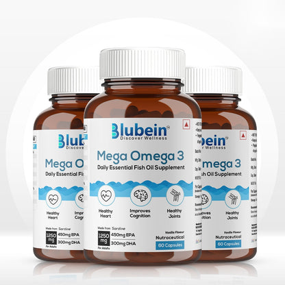 Blubein Mega Omega-3 fish oil, vanilla flavour, pack of 3