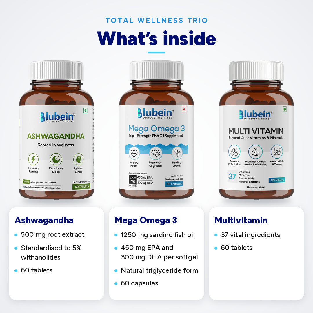 What's inside Total Wellness Trio: Ashwagandha 500 mg root extract standardised to 5% withanolides, 60 tablets; Mega Omega 3 with 1250 mg sardine fish oil, 450 mg EPA · 300 mg DHA per softgel, 60 capsules; Multivitamin with 37 vital ingredients, 60 tablets