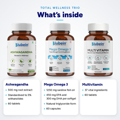 What's inside Total Wellness Trio: Ashwagandha 500 mg root extract standardised to 5% withanolides, 60 tablets; Mega Omega 3 with 1250 mg sardine fish oil, 450 mg EPA · 300 mg DHA per softgel, 60 capsules; Multivitamin with 37 vital ingredients, 60 tablets