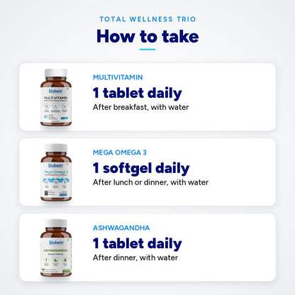 How to take Total Wellness Trio: 1 Multivitamin tablet after breakfast, 1 Mega Omega 3 softgel after lunch or dinner, 1 Ashwagandha tablet after dinner, with water