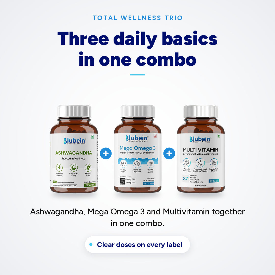 Total Wellness Trio combo: Ashwagandha, Mega Omega 3 and Multivitamin, three daily basics in one combo