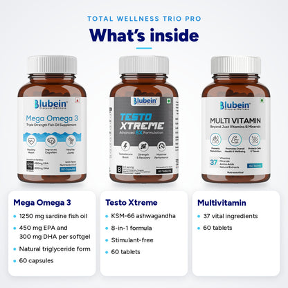 What's inside Total Wellness Trio PRO: Mega Omega 3 with 1250 mg sardine fish oil, 450 mg EPA · 300 mg DHA per softgel, 60 capsules; Testo Xtreme, a stimulant-free 8-in-1 formula with KSM-66 ashwagandha, 60 tablets; Multivitamin with 37 vital ingredients, 60 tablets