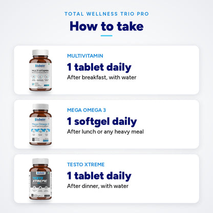 How to take Total Wellness Trio PRO: 1 Multivitamin tablet after breakfast, 1 Mega Omega 3 softgel after lunch or a heavy meal, 1 Testo Xtreme tablet after dinner